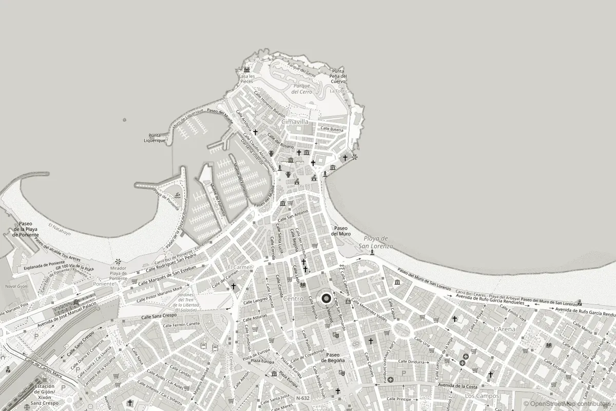 Mapa del centro de Gijón con la ubicación de la clínica marcada en Calle de Cabrales